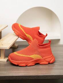 1 双儿童针织运动鞋，一脚蹬透气防滑跑步鞋，时尚拼布网眼休闲鞋，适合学生