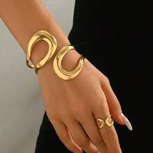 1 Set Spiral Design Chunky Bracelet Ring Jewelry Set , Women Cuff Bangle , Matching Design Rings Bracelets - Gold - View 8