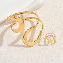 1 Set Spiral Design Chunky Bracelet Ring Jewelry Set , Women Cuff Bangle , Matching Design Rings Bracelets - Gold - View 6