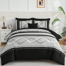 DJY 8 Pieces Black Comforter Set Queen King Size Bed In A Bag Patchwork Striped Bedding Sets,Boho Soft Microfiber Bedding Set For All Season,Wedding Items,Office Decor,Valentines Day Home Bed Room Decor,Easter Gifts - 黑色 - 查看 10