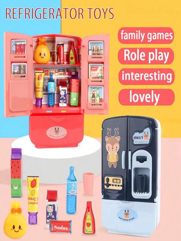 Juguete de refrigerador y gabinete de casa de juegos para niños, diseño de doble puerta, electrodoméstico miniatura realista, interacción entre padres e hijos, juego divertido para niños y niñas, regalo de Halloween y Navidad