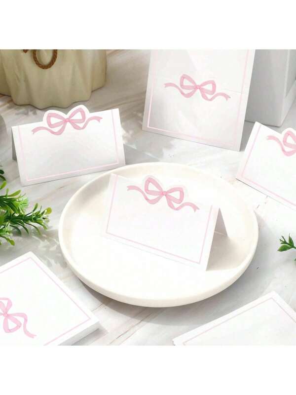 50pcs Pink Bow Table Cards, Cute Bow Tent Style Name Cards, Blank Seating Assignment Label Cards, Birthday Party Table Decor Supplies For Birthday Party Table Setting Supplies Gifts Graduation Birthday Decorations Party Decorations Bachelorette Wedding Summer Beach Back To School School Supplies Room Decor