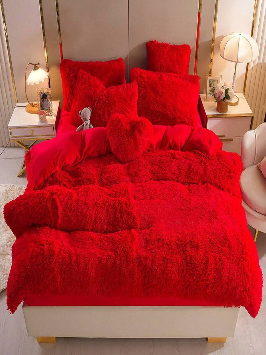 Bright Red Plush Duvet Cover - Eye Catching, Romantic Bed Choice Duvet Cover 3/4 Piece Set -1/2 Pillowcase+1 Duvet Cover, 1 Heart-Shaped Pillow, Twin Bed, Large Size, Extra Large Size (Excluding Pillowcase Core) - Warm And Comfortable, Perfect For Relaxation - 紅色 - 查看 1