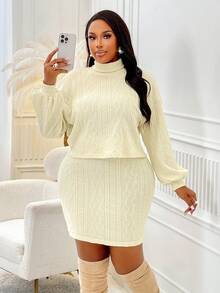 BIUBIU Plus Size Women's High Neck Off-Shoulder T-Shirt And Knit Skirt Set, Suitable For Daily Wear And Office - Light Apricot - View 1