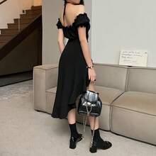 Vestido Corto Mujer Con Volantes, Escote Barco y Falda Asimétrica - Cinturón de Atar, Ajustado Cintura - Cómodo para Playa y Vacaciones - Negro - Ver 3