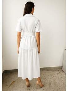 Linen Midi Dress With Lining, Buttons And Structured Collar - White - View 2