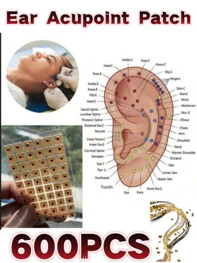 1 caja/Set - 600 piezas Juego de parches de acupresión para la oreja, parches de semillas de puntos de acupresión, parches de masaje de frijoles para la oreja