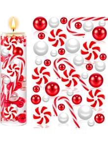 600/326pcs Christmas Vase Decorations Beads - Red & White Candy Cane & Imitation Pearls, Floating Beads For DIY Holiday Centerpieces, Tabletop & Coffee Shop Decor, Festive Plastic Beads For Christmas & New Year, Christmas Beads, Candy Cane Pattern, Impearl Beads, Seasonal Home Decor, Lightweight Decor, Event Planners, Best For Christmas