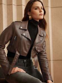 Risissida Women's Fall/Winter Street Wear Faux Leather Cropped Biker Jacket - Asymmetric Zip, Adjustable Belt For Edgy Urban Street Commuting Spring White - Brown - View 2