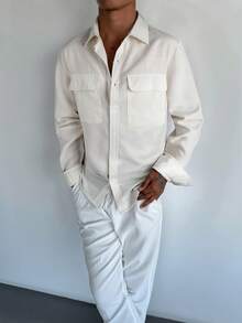 Men's Vintage Coin Pattern Linen Solid Color Long Sleeve Shirt, Versatile Casual Wear, Essential For Autumn - White - View 3
