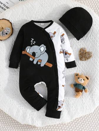 Långärmad babyjumpsuit med söt koalamönster, lapptäcksdesign, lätt att bära babyjumpsuit med mössa