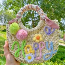 1pc Personalized Straw Woven Bag, Ribbon/Pom Pom/Crochet Flower, Fashion Letter Woven Tote Bag, Straw Handbag, Party Gift Bag, Bridesmaid Gift Basket - Multicolor - View 28