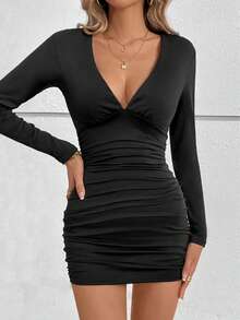 Đầm ôm sát xếp ly gợi cảm dành cho nữ, đầm dài tay cổ chữ V co giãn màu trơn gợi cảm, trang phục nữ mùa xuân thanh lịch - màu đen - Xem 1