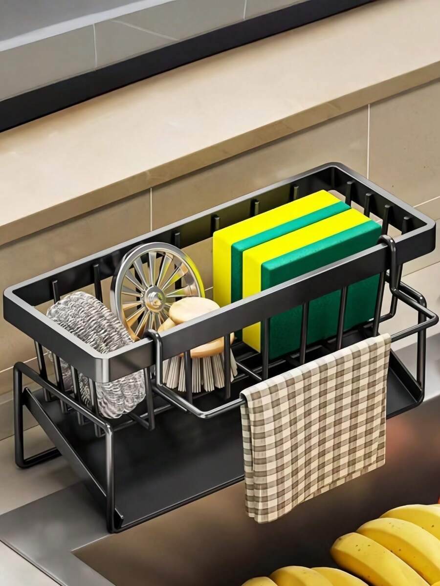 1 Piece Carbon Steel Sink Storage Rack, Kitchen/Bathroom Storage Drain Rack, Multi-Function Wall Storage Rack, Storage Artifact, Space-Saving Storage Rack, Sturdy And Durable, Suitable For Storage Of Sponges, Soaps, Brushes, Rags, Cleaners And Toiletries, Including Brush Holder, No Drilling Required, Easy To Install, Built-In Drain Pipe, Sink Dishcloth Storage Rack, Home Multi-Function Storage Rack, Home Organization Storage, Kitchen Pendant - Multicolor - View 1