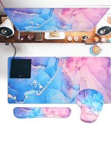 A Set 4pcs Large Ergonomic XXL Marble Desk Mat Set - Extended Gaming Mouse Pad, Keyboard Wrist Rest Support, Coaster - Non-Slip Base, Stitched Edge - Easy Typing, Pain Relief - (35.4*15.7 In) - For Office, Home, Computer, Laptop - Multicolor - View 3