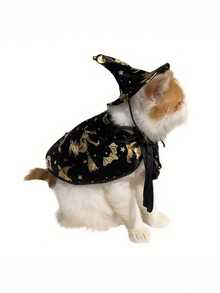Cute Halloween Cat Witch Costume - Black And Gold Polyester Pet Costume With Wizard Hat And Star Pattern Cape, Includes Matching Collar - Multicolor - View 1