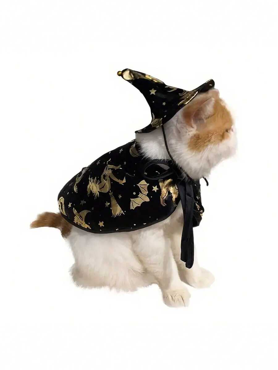 Cute Halloween Cat Witch Costume - Black And Gold Polyester Pet Costume With Wizard Hat And Star Pattern Cape, Includes Matching Collar - Multicolor - View 1
