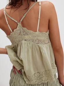 Babydoll Tops For Women Y2k Lace Boho Tops Sleeveless Spaghetti Strap Tank Tops Solid Color See Through Cami Tops V Neck Backless Loose Fit Shirts Going Out Smocked Tops Beach Vacation Peplum Tops Streetwear Vintage Clothes - 卡其色 - 查看 2