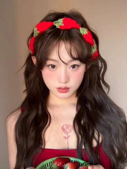 1 件可爱草莓针织钩针头带，法式田园风格，温柔甜美，适合日常佩戴和拍照，女士发饰女头巾骑行吸汗带秋季配饰秋冬发带适合度假装女士