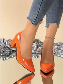 尖头女式浅口鞋，粗跟高跟鞋，简约浅口工作鞋 - 橘色 - 查看 4