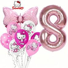 11 قطعة من سلسلة سانريو هالو كيتي، بالونات وردية مطبوعة بشعار هالو كيتي، بالونات وردية بشكل فيونكة وأرقام، مجموعة لحفلة عيد الميلاد العائلية