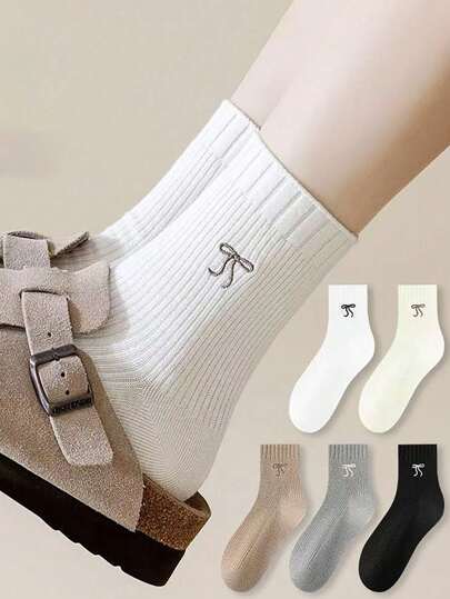 1/5/10 Pairs Of Solid Color Women's Bow Mid-Calf Socks, Comfortable And Breathable Crew Socks, Casual And Versatile Sports Socks, Black, White And Gray Pile Socks, Paired With Small Leather Shoes, Versatile School Style, Back-To-School Season Socks, Suitable For Home Play And Sports
