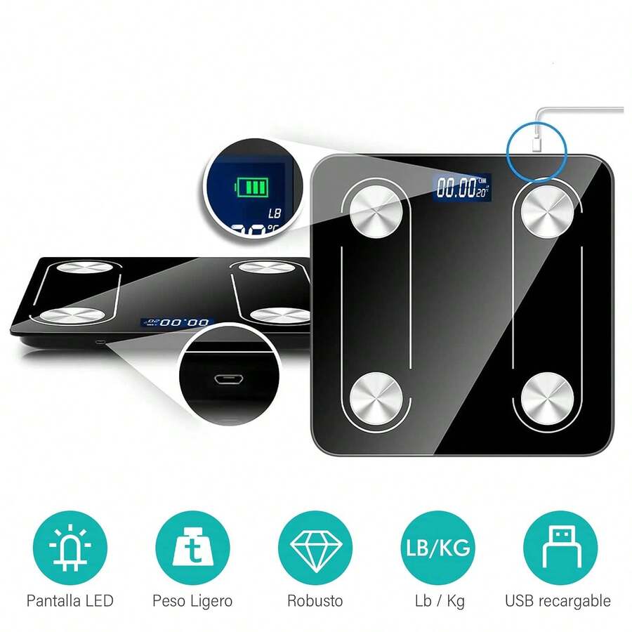 Escala de Grasa Corporal, Báscula Inteligente Bluetooth 4.0 Digital Analizador de Composición Corporal, 400 libras, 70 datos Relacionados alta precisión Compatible con Android y IOS - Negro - Ver 1