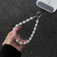 Handmade Colorful Crystal Beads Phone Lanyard, Luxury Pearl Phone Chain, Unique Small Wrist Strap Chain For Women