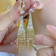 1 Pair Luxurious Golden-Tone Tassel Drop Earrings With Sparkling Cubic - Elegant Statement Jewelry For Parties, Perfect For Women's Date Night, Wedding