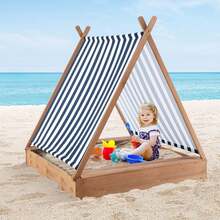 Lifezeal Wooden Sandbox With Canopy Tent Design Fir Wood Frame 2 Bench Seats Bottom - Brown - View 6