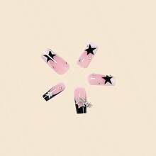 24PCS Black Star Press-On Nails With Rhinestone Accents, French Tip Full Cover Fake Nails For Party & Daily Wear, Stylish Pink & Black Design Square Nails With 4-Piece Manicure Tool Kit Included - Nhiều màu - Xem 4