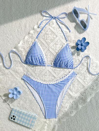 1 Takım Kadın Mavi ve Beyaz Ekose Askılı Sırtı Açık Bikini Mayo, Şık Günlük Tatlı Sevimli Plaj Kıyafeti