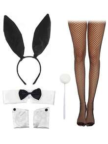 D EXCEED 4/5件套女士复活节兔子角色扮演服装配饰 – 兔耳朵头箍、领结、袖口、兔尾巴、渔网袜 – 女士 – 适用于万圣节、角色扮演大会、主题派对和装扮活动 - 彩色 - 查看 11