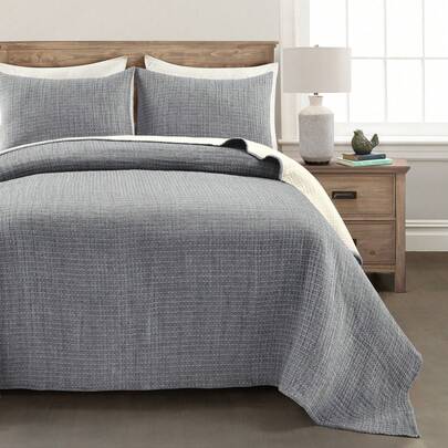 LUSH DECOR Solid Kantha Pick Stitch Yarn Dyed Cotton Woven Quilt/Coverlet Light Gray/White 3Pc Full/Queen Halloween-Fall Decor-Room Decor