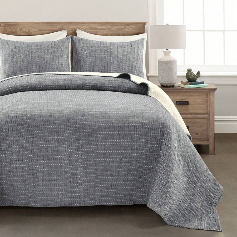 Solid Kantha Pick Stitch Yarn Dyed Cotton Woven Quilt/Coverlet Light Gray/White 3Pc Full/Queen Halloween-Fall Decor-Room Decor - 海軍藍/白色 - 查看 1