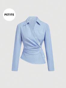 圣诞节 PETITE 女款 新款 时尚优雅 V 领 蓝白条纹领 不对称下摆 长袖衬衫 - 藍色 - 查看 1