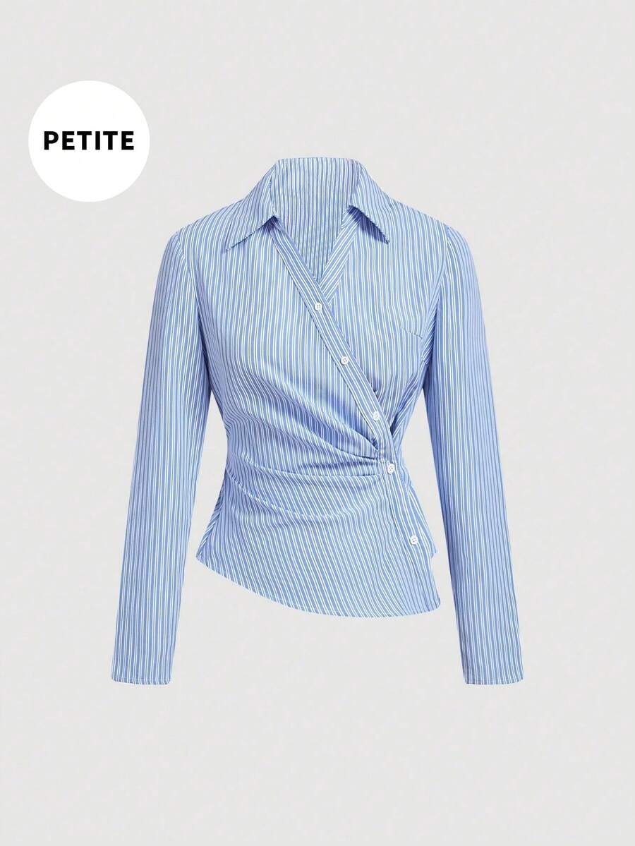 圣诞节 PETITE 女款 新款 时尚优雅 V 领 蓝白条纹领 不对称下摆 长袖衬衫 - 藍色 - 查看 1