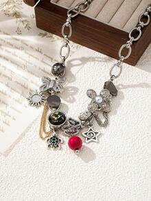 1 件全新设计百搭简约多元素吊坠链项链，高端锁骨链项链女士珠宝，适合晚会、音乐节和各种场合 - 彩色 - 查看 5