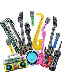 Conjunto de accesorios inflables de banda de rock: Guitarra, Saxofón, Micrófono, Teclado - Decoraciones retro de los años 80 y 90 para fiestas temáticas, festivales, eventos y fondos para photobooth - Multicolor - Ver 2