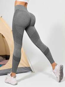 Heather Gray Yoga Leggings Seamless Tummy Control Gym Tights - Grey - View 2