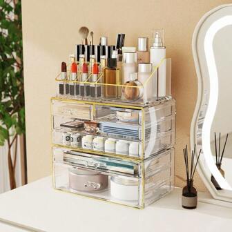 20252pc 4Drawer Makeup Organizer Countertop Cosmetic Storage For Vanity Bathroom Skincare Perfume Storage Casual Pairing No Assembly Ideal Gift For Women Clear With Luxe Gold Trim