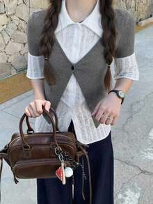 Fashionable Flare Sleeve Shirt Blouse, 2 In 1 Early Spring Women Cardigan - Grey - View 5