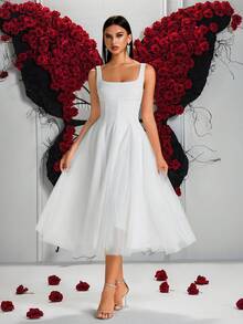 ADYCE Vestido Midi Elegante de Festa com Decote Quadrado, Cintura Alta, Recortes em Branco Puro, Costas Abertas, para Festa de Formatura, Aniversário, Festa à Noite, Festa de Boas-Vindas, Casamento, Coquetel, Família e Festival