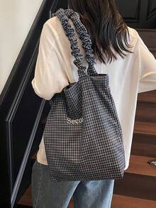 New Casual Fashion Plaid Tote Bag, Pleated Strap, Korean Style Loose Lettering Handbag, Foldable Large Capacity Shoulder Bag For University, Shopping, Travel , Office Bag - Multicolor - View 6