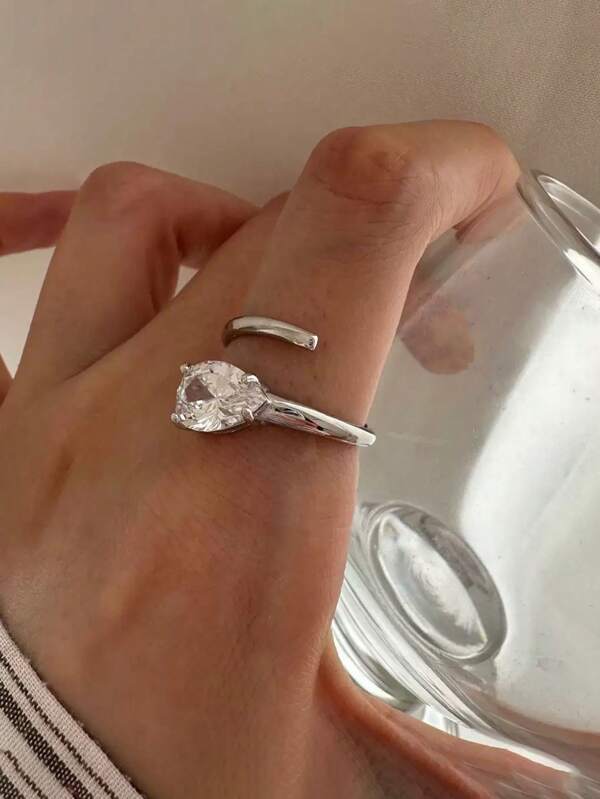 1 pieza Anillo de dedo ajustable de plata esterlina 925 con gota de agua geométrica elegante y de moda, con circonita, para uso diario, , fiesta de cumpleaños, regalo de joyería para mujeres
