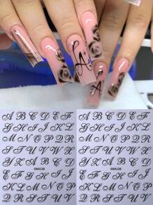 2片装3D哥特字母美甲贴纸，时尚浪漫英文单词字母符号设计，DIY Y2K自粘滑块，美甲装饰配件，美甲用品，送给女性和女孩的礼物 - 黑色 - 查看 2