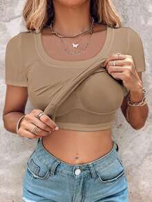 ChicMe Women Built In Bra Pad T-Shirt Scoop Neck Short Sleeve Blouses Ribbed Knit Slim Fitted Casual Basic Workout Top - Khaki - View 4