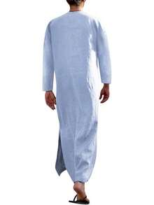 Men's V-Neck Short Sleeve Robe Side Split Kaftan Cotton Long Gown Thobe S-3XLhalloween - Light Blue #1 - View 4