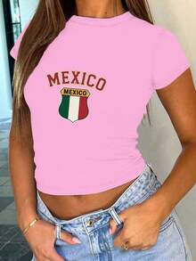 Mexico Shield Flag Colors Women's Fashion Short Sleeve T-Shirt, Y2K Clothes, Back To School Clothes, Vintage Clothes, Street Wear, Rock, Holiday, Vacation, Festival, Summer Tops - 粉色 - 查看 1
