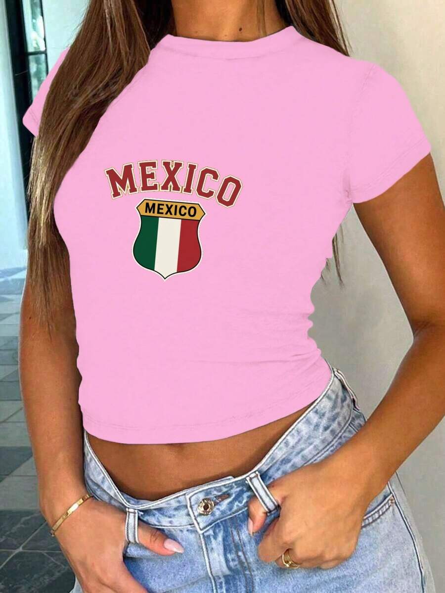 Mexico Shield Flag Colors Women's Fashion Short Sleeve T-Shirt, Y2K Clothes, Back To School Clothes, Vintage Clothes, Street Wear, Rock, Holiday, Vacation, Festival, Summer Tops - 粉色 - 查看 1